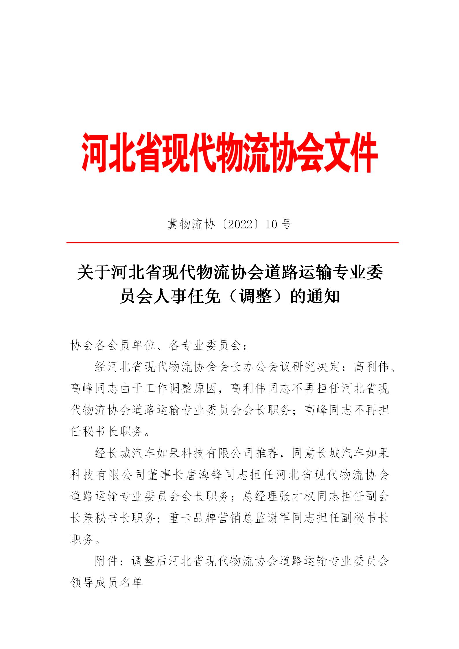 关于河北省现代物流协会道路运输专业委员会人事任免（调整）的通知